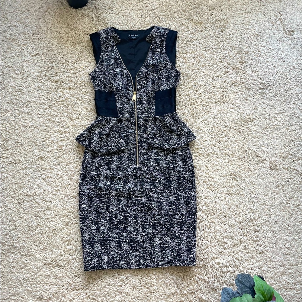 BEBE Peplum zipper dress, gray and black with waist trimmer!
